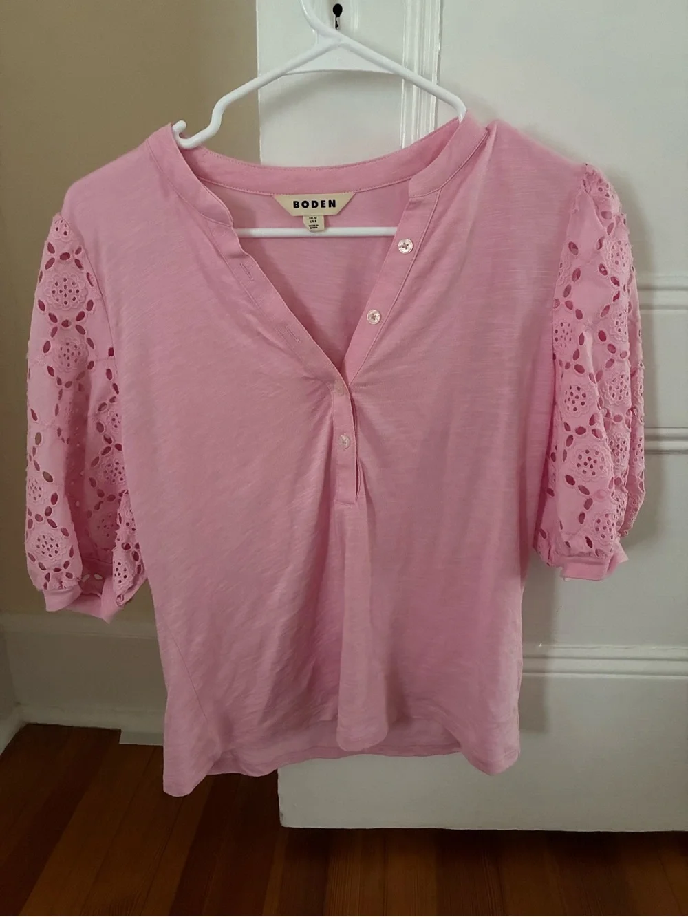 Boden Pink Eyelet Puff-Sleeve Top